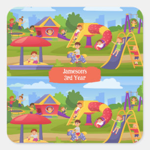 Playful Colorful Kids' Cartoon Playground Fun Name Square Sticker