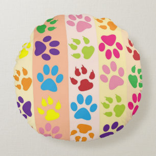 Playful Colorful Paw Prints Round Decorative Throw Pillow