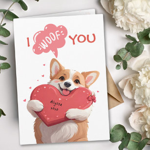 Playful Corgi I Woof You Red Hearts Dog Valentine Card
