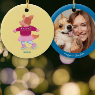 Playful Corgi Ice Skating Custard Yellow Photo Ceramic Ornament