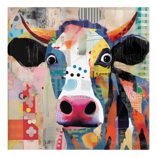Playful Cow, an Artistic and Eclectic Collage Acrylic Print (Front)