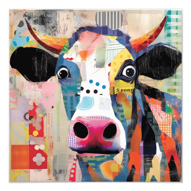 Playful Cow, an Artistic and Eclectic Collage Photo Print (Front)