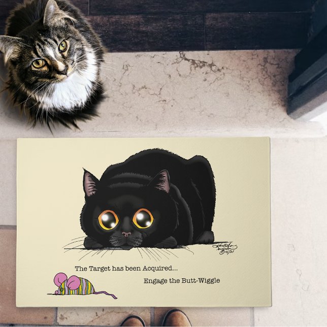 Playful Cream Kitty Butt Wiggle Black Cat Doormat (Creator Uploaded)