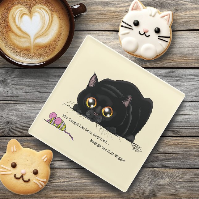 Playful Cream Kitty Butt Wiggle Black Cat Glass Coaster (Creator Uploaded)
