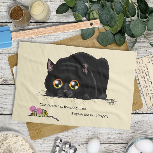 Playful Cream Kitty Butt Wiggle Black Cat Kitchen Towel (Creator Uploaded)