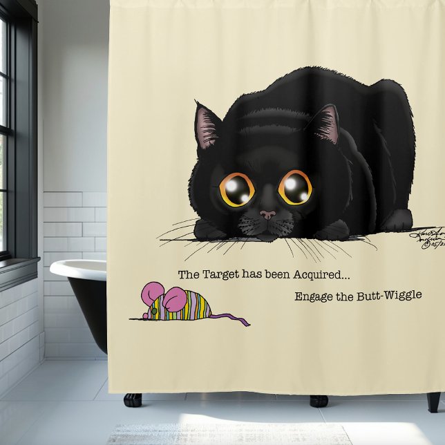 Playful Cream Kitty Butt Wiggle Black Cat Shower Curtain (Creator Uploaded)