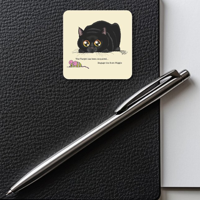 Playful Cream Kitty Butt Wiggle Black Cat Square Sticker (Creator Uploaded)