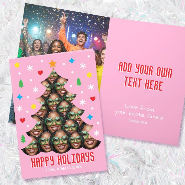 Playful Custom Photo Christmas Tree Pink Folded Holiday Card (Creator Uploaded)
