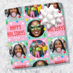 Playful Custom Photo Text Retro Pink Christmas  Wrapping Paper