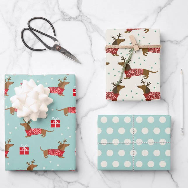 Playful Dachshund in Sweaters Christmas  Wrapping Paper Sheets (Front)