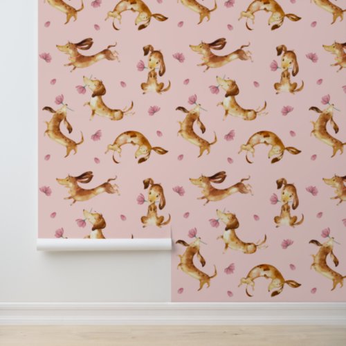 Playful Dachshund Puppy Dogs Pink Coral Floral  Wallpaper