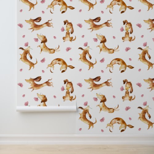Playful Dachshund Puppy Dogs Pink Floral  Wallpaper