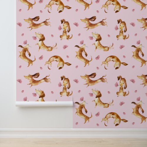 Playful Dachshund Puppy Dogs Pink Floral  Wallpaper