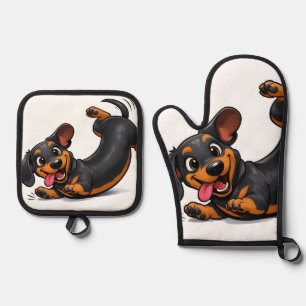 Playful Dachshund Puppy  Oven Mitt & Pot Holder Set