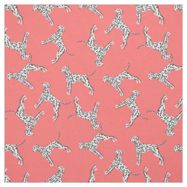 Playful Dalmatian Dog Pattern on Coral Pink  Fabric (Swatch)