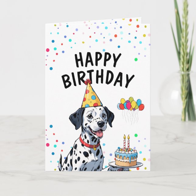 Playful Dalmatian Dog with Cake Birthday Card (Front)