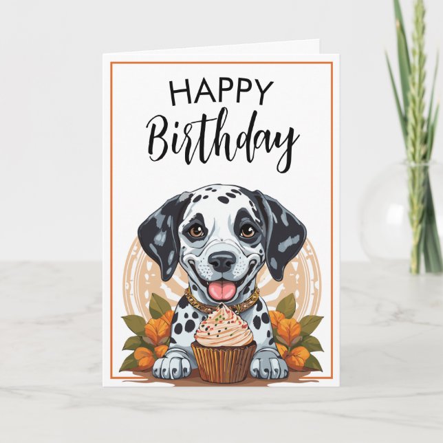 Playful Dalmatian Dog with Cupcake Birthday Card (Front)