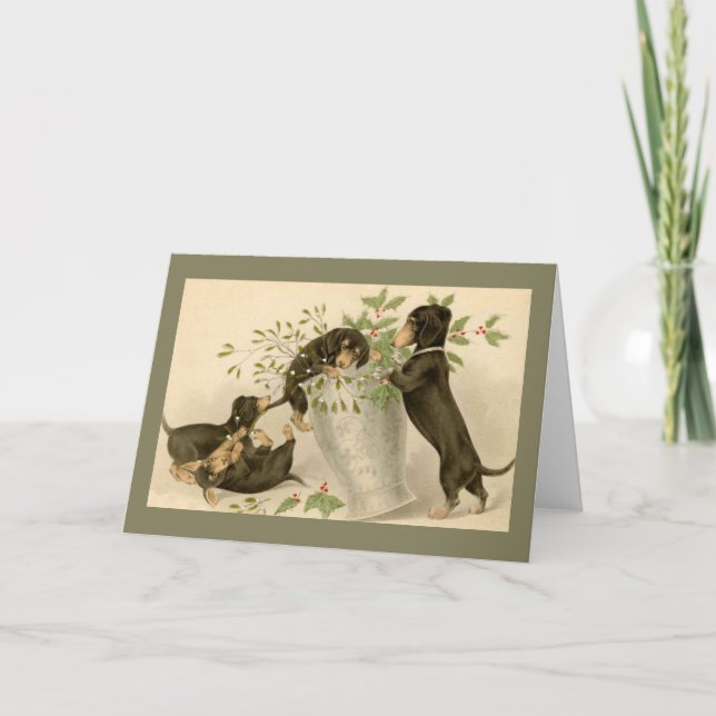 Playful daschunds with holly berry and vase holiday card (Front)