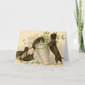 Playful daschunds with holly berry and vase holiday card