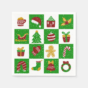 Playful Deep Green Christmas Patterned Squares Napkins