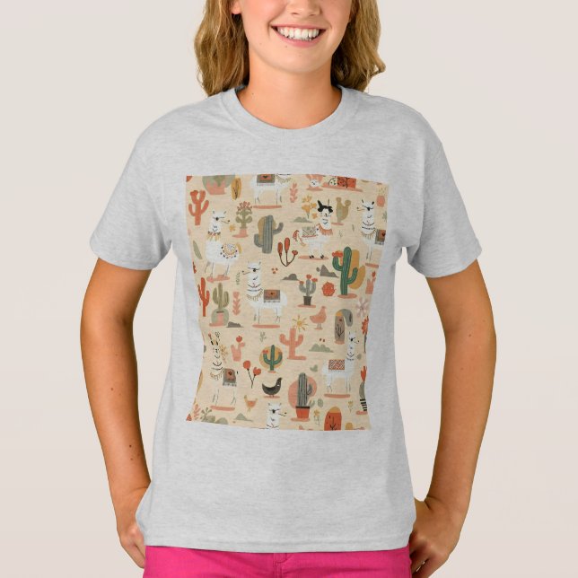 Playful Desert Llamas Pattern T-Shirt (Front)