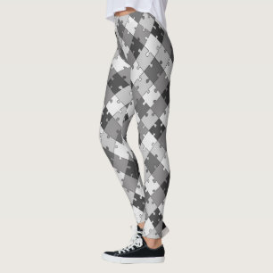Playful Diagonal Jigsaw Puzzle Gray Tones Leggings