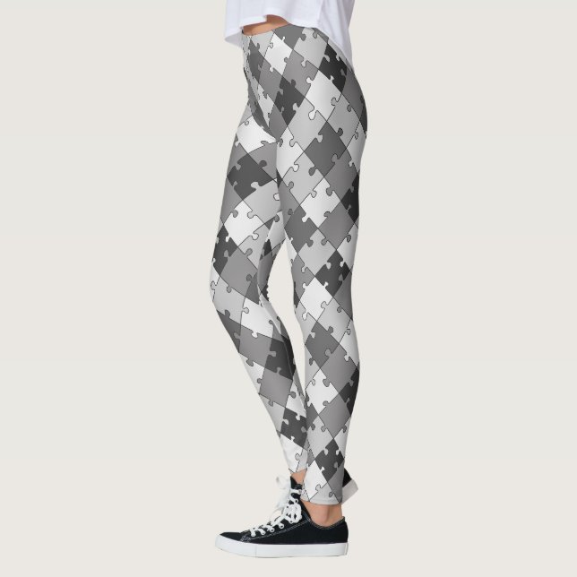 Playful Diagonal Jigsaw Puzzle Gray Tones Leggings (Left)