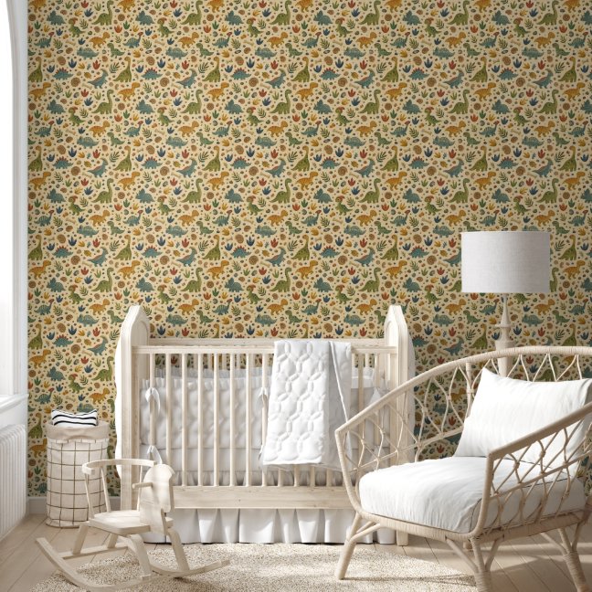 Playful Dino and Footprint Pattern in Earthy Tones Wallpaper