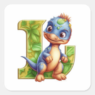 Playful Dinosaur and the Leafy Letter L Square Sticker