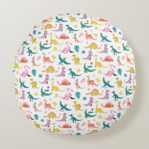 Playful Dinosaur Parade Pattern Round Pillow
