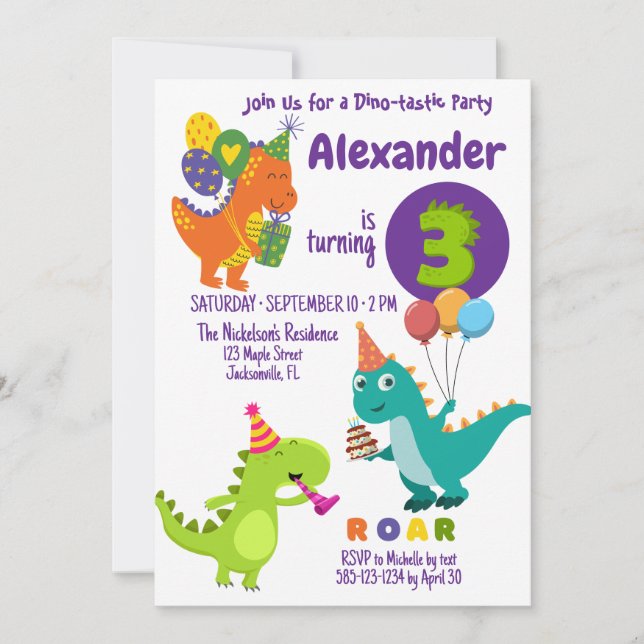Playful Dinosaur three-years Birthday Invitation (Front)
