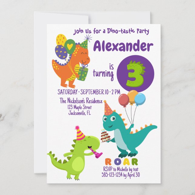 Playful Dinosaur three-years Birthday Invitation (Front)