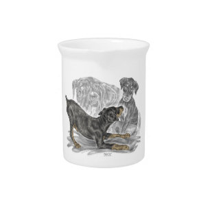 Playful Doberman Pinscher Puppies Drink Pitcher
