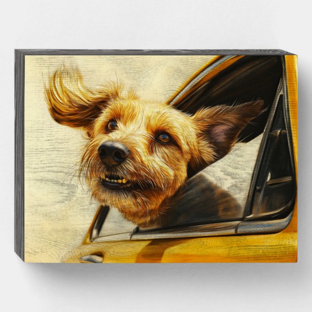 Playful Dog Enjoying Car Ride Art Print Wooden Box Sign (Front Horizontal)