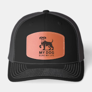Playful Dog Outline "My Dog Runs My Life" Art Leather Patch Hat