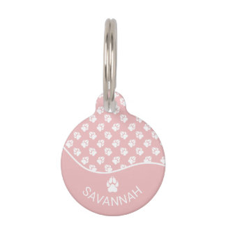 Playful Dog Paws In Pink And White Colors &amp; Name Pet ID Tag