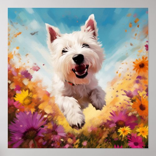 Playful Dog Running through Colorful Flowers