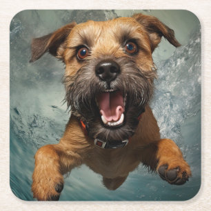 Playful Dog Swimming Underwater Design Square Paper Coaster