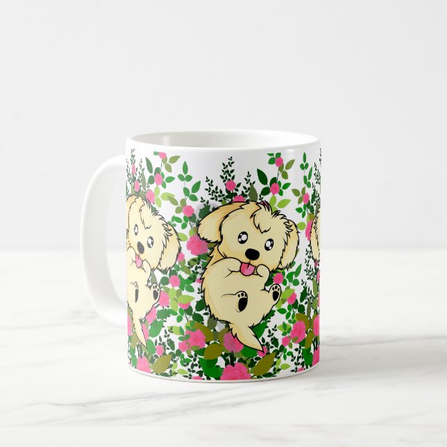 Playful Dog with Garden Roses and Nature Flowers Coffee Mug (Front Left)
