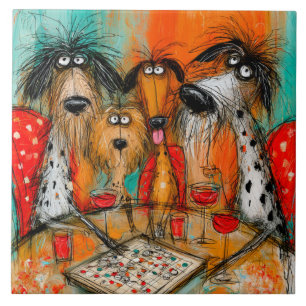 Playful Dogs Game Night with Wine Ceramic Tile