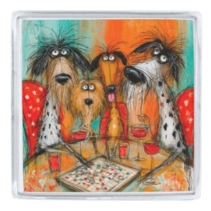 Playful Dogs Game Night with Wine Silver Finish Lapel Pin