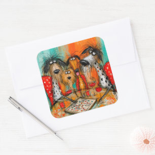 Playful Dogs Game Night with Wine Square Sticker