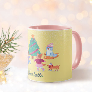 Playful Dogs Ice Skating Pastel Yellow  Name Mug
