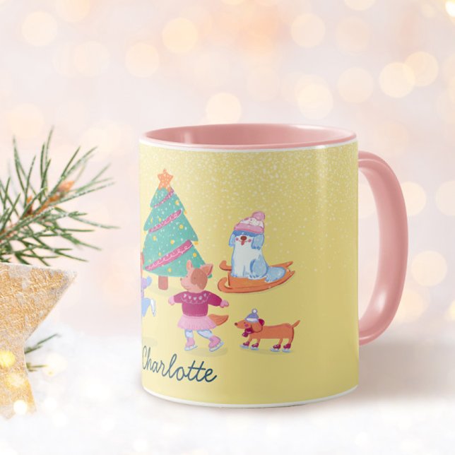 Playful Dogs Ice Skating Pastel Yellow  Name Mug (Creator Uploaded)
