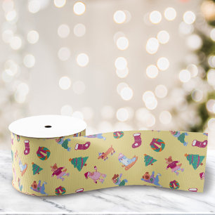 Playful Dogs Ice Skating Pattern Custard Yellow Grosgrain Ribbon