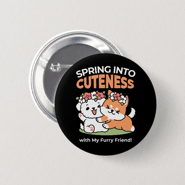 Playful Dogs with Flower Crowns – Fun Spring Theme Button (Front & Back)