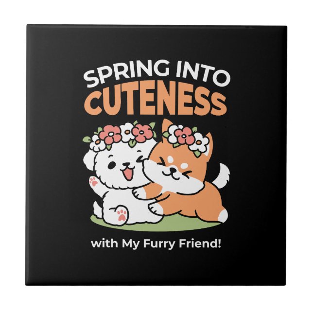 Playful Dogs with Flower Crowns – Fun Spring Theme Ceramic Tile (Front)