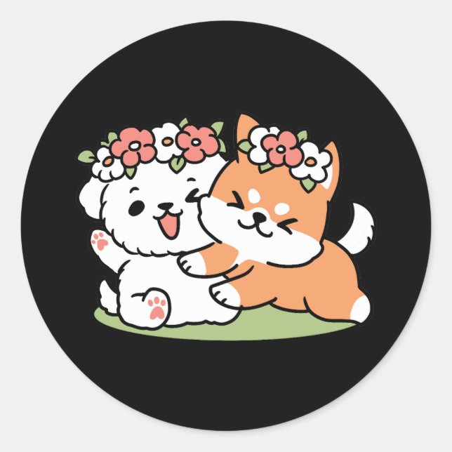 Playful Dogs with Flower Crowns – Fun Spring Theme Classic Round Sticker (Front)