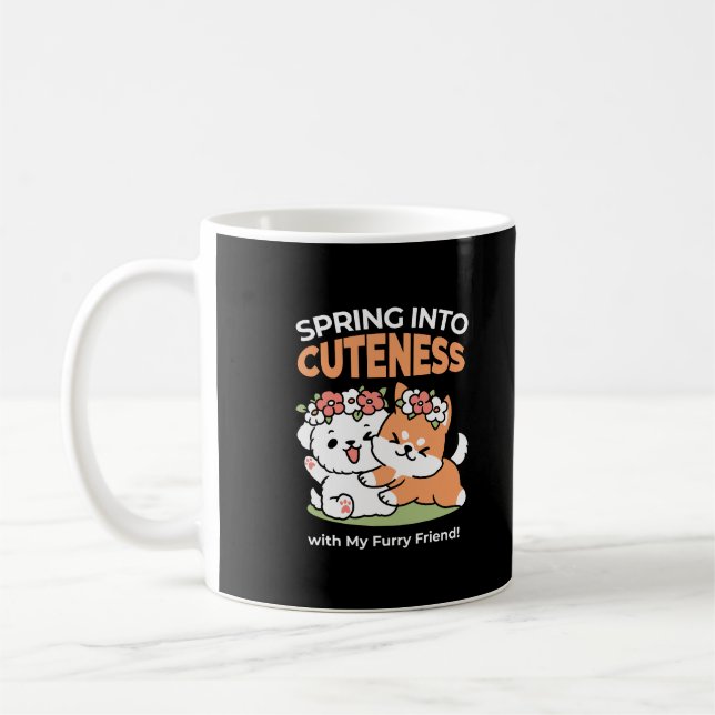 Playful Dogs with Flower Crowns – Fun Spring Theme Coffee Mug (Left)