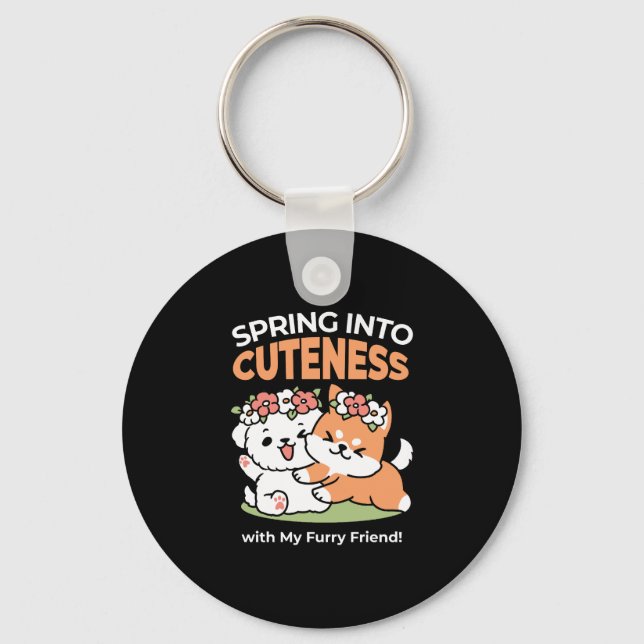 Playful Dogs with Flower Crowns – Fun Spring Theme Keychain (Front)